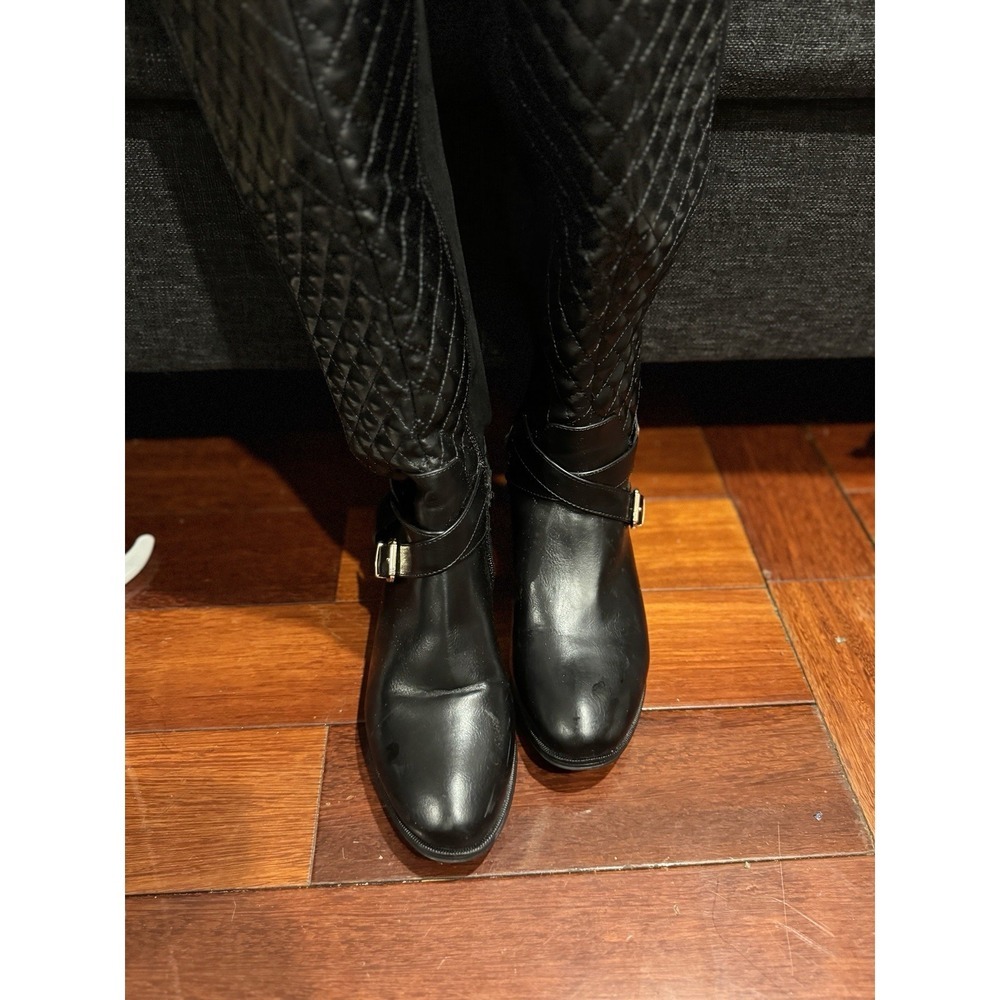 Annabeth by JUSTFAB (SHOEDAZZLE) Black quilted faux leather riding boots, SZ 7 - Picture 8 of 16
